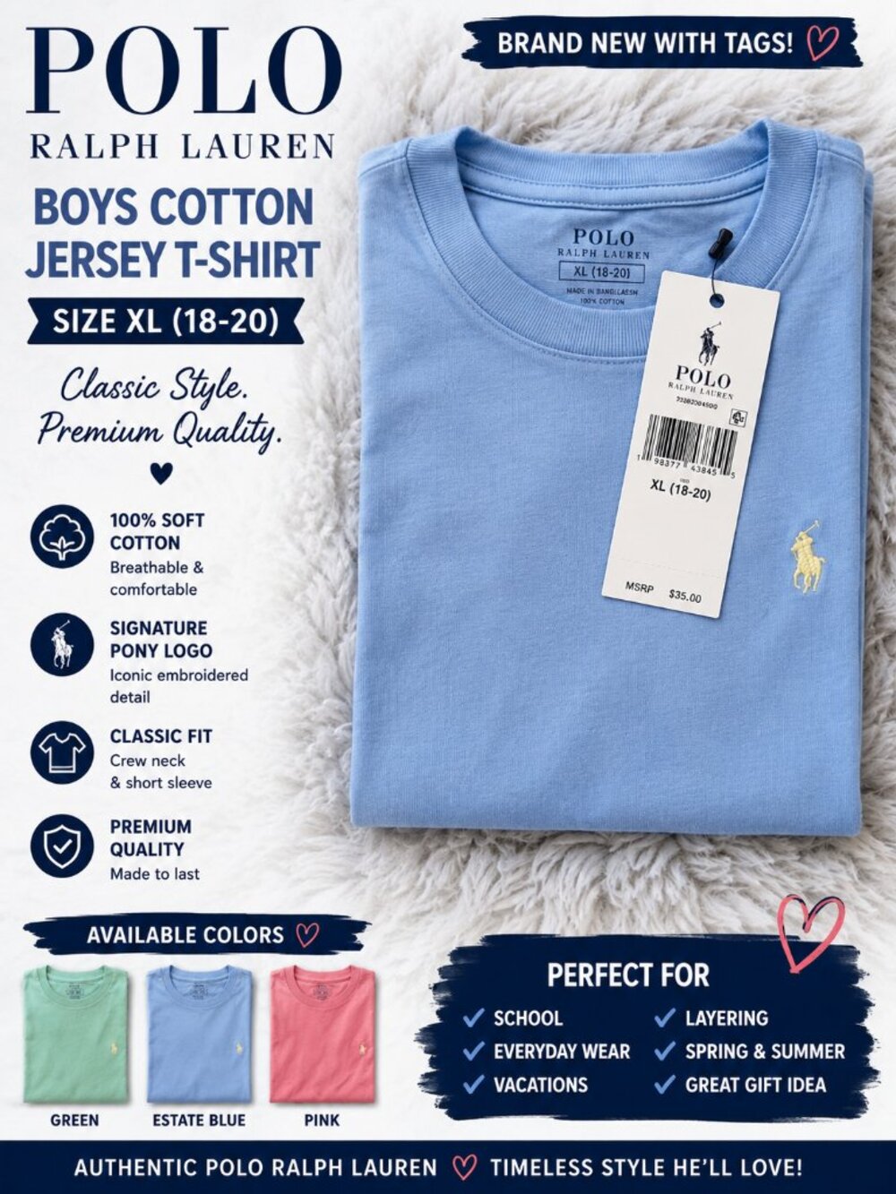 💙 Polo Ralph Lauren Boys Cotton Jersey Crewneck T-Shirt – Brand New With Tags